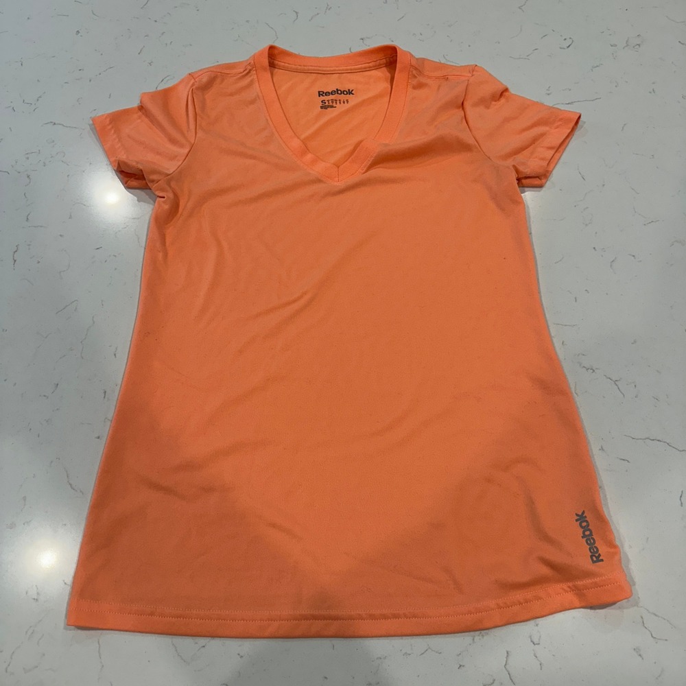 Reebok PlayDry Orange V-Neck Performance T-Shirt Womens Small Short Sleeve